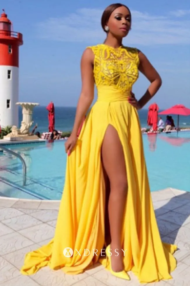 high slit yellow chiffon prom dress