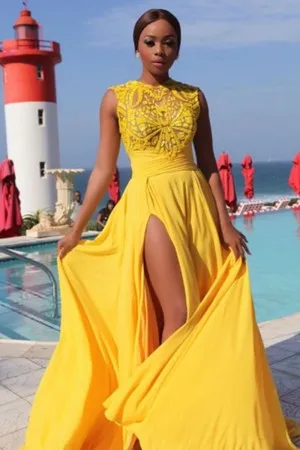 illusion neck high slit yellow chiffon prom dress