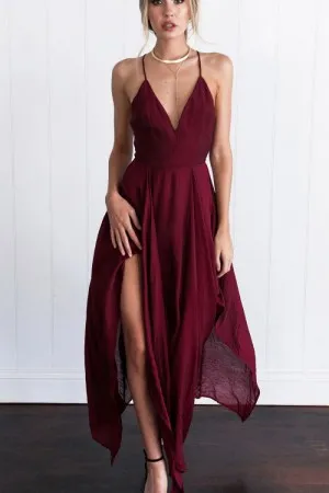 plunging V neck split backless flowy prom dress