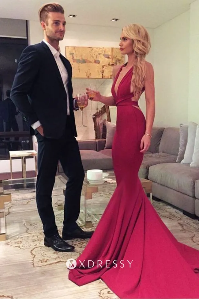 backless red mermaid prom dress with long train