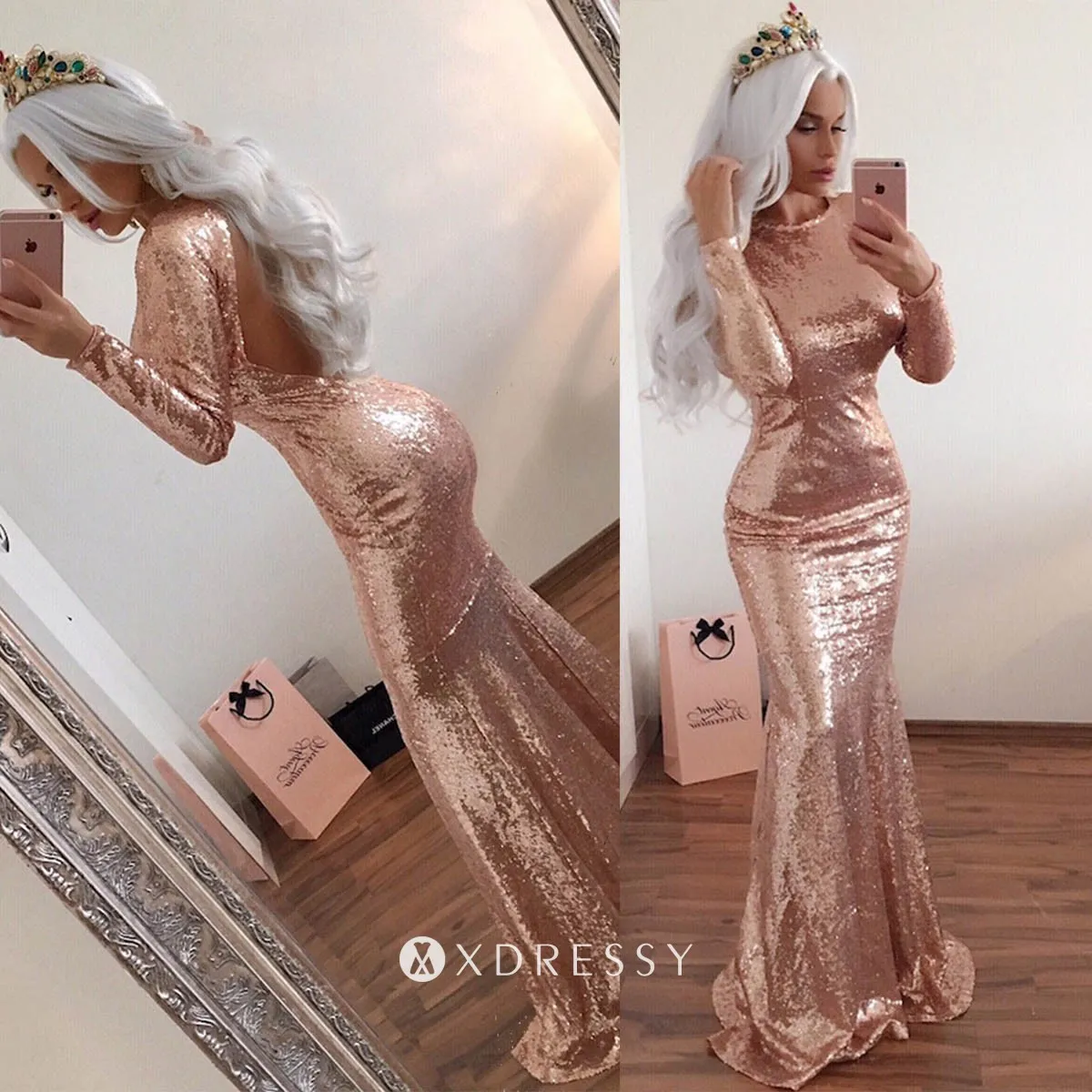 open back long sleeve gold sequin mermaid prom dress