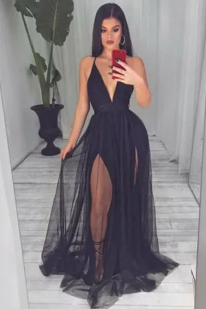 transparent black tulle overlay double splits prom dress