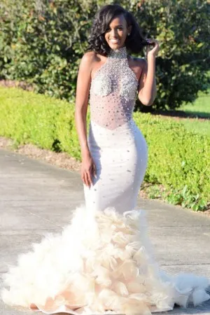 luxury pearls ruffled mermaid illusion prom dress