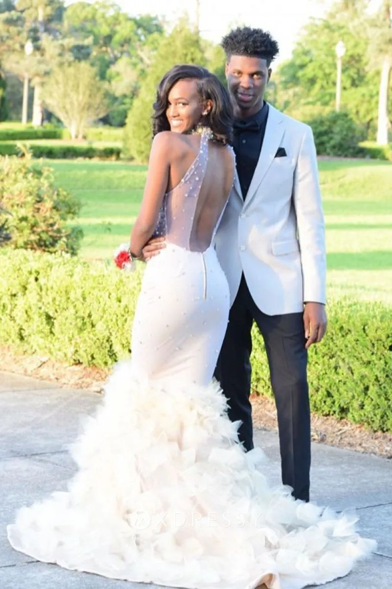 open back pearls ruffled mermaid illusion prom dress
