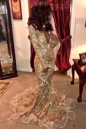 gold sequin long sleeve flounced mermaid prom gown
