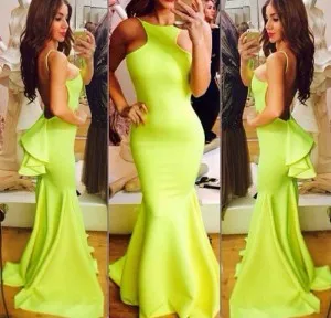 unique lime green ruffled backless long prom dress