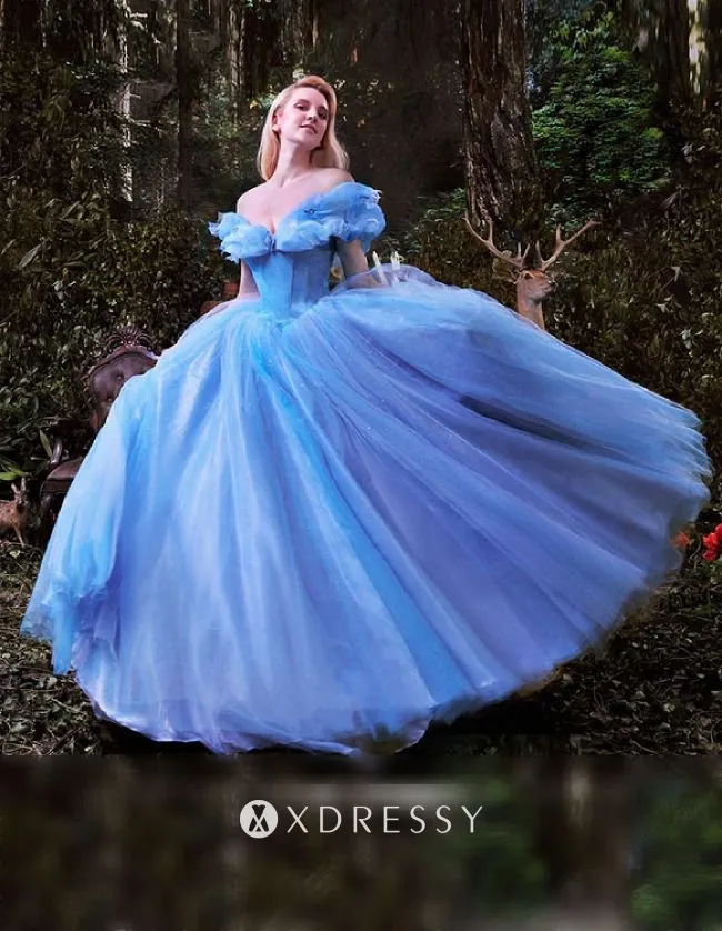 ruffled off the shoulder ice blue formal ball gown