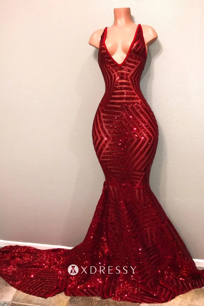 red sequin plunging V neck long train prom dress red sequin plunging V neck long train prom dress