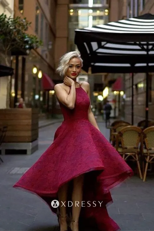 halter spaghetti strap maroon lace high low prom dress