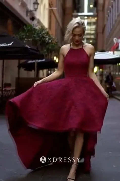 high low spaghetti strap maroon lace prom dress