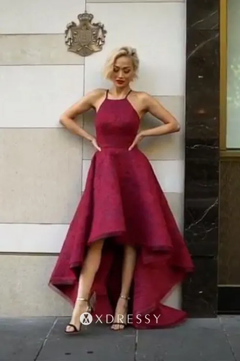 maroon lace high low prom dress