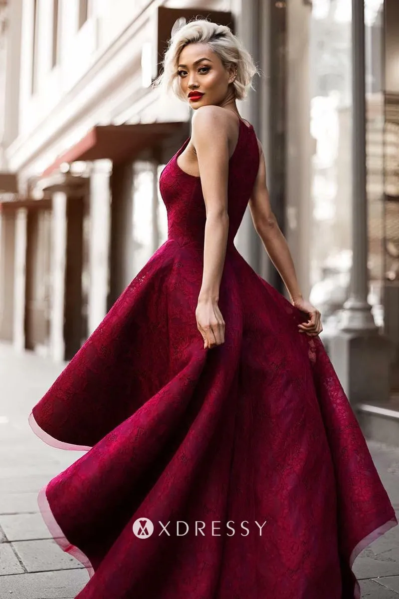 sleeveless maroon lace high low prom dress