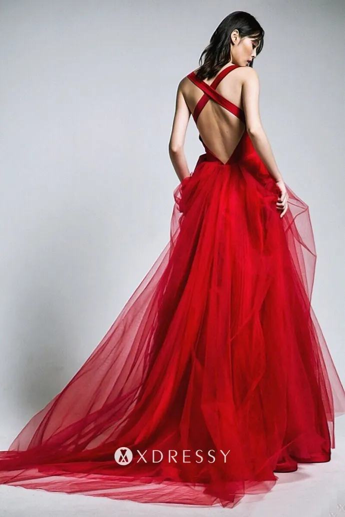 Feminine Red Satin Tulle Overlay Bow Prom Dress - Xdressy