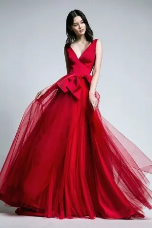 feminine red satin tulle overlay bow prom dress