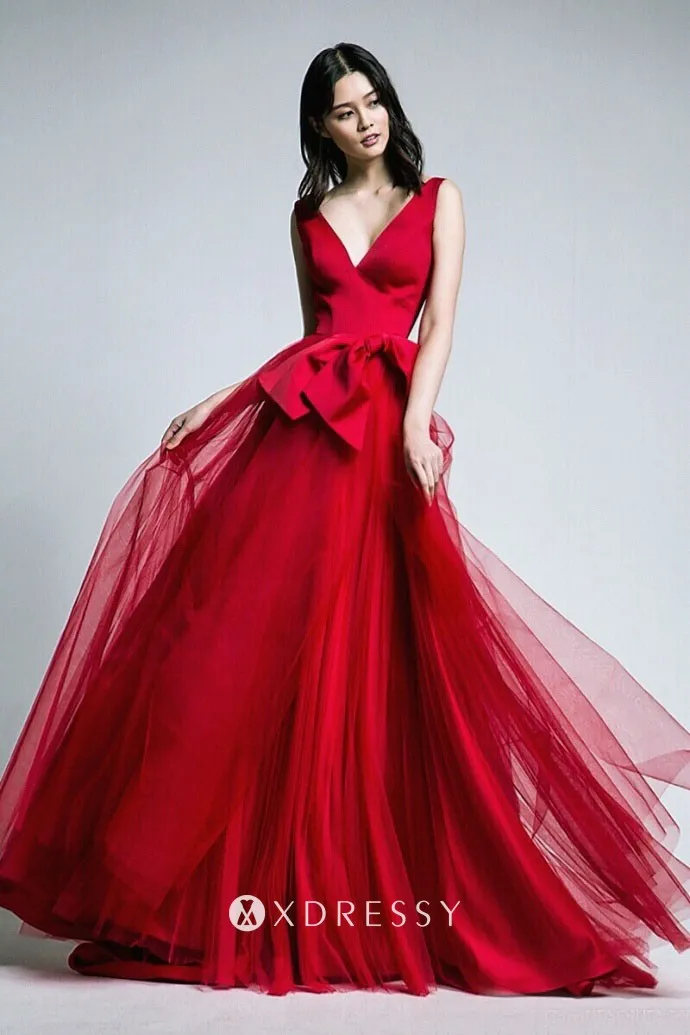 feminine red satin tulle overlay bow prom dress