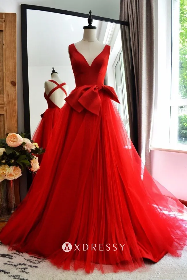 huge bow red satin tulle overlay prom dress