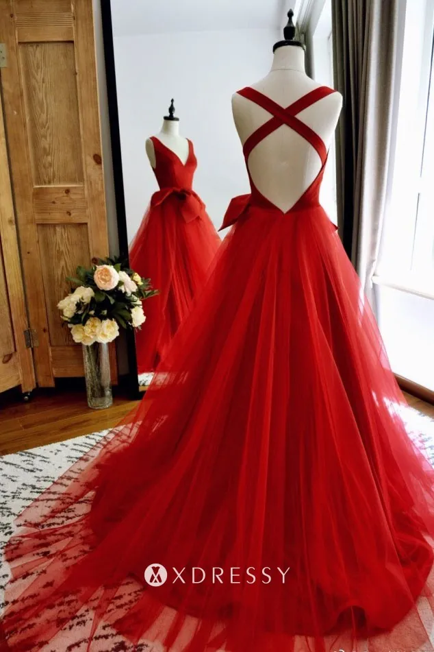 strappy back red satin tulle overlay bow prom dress