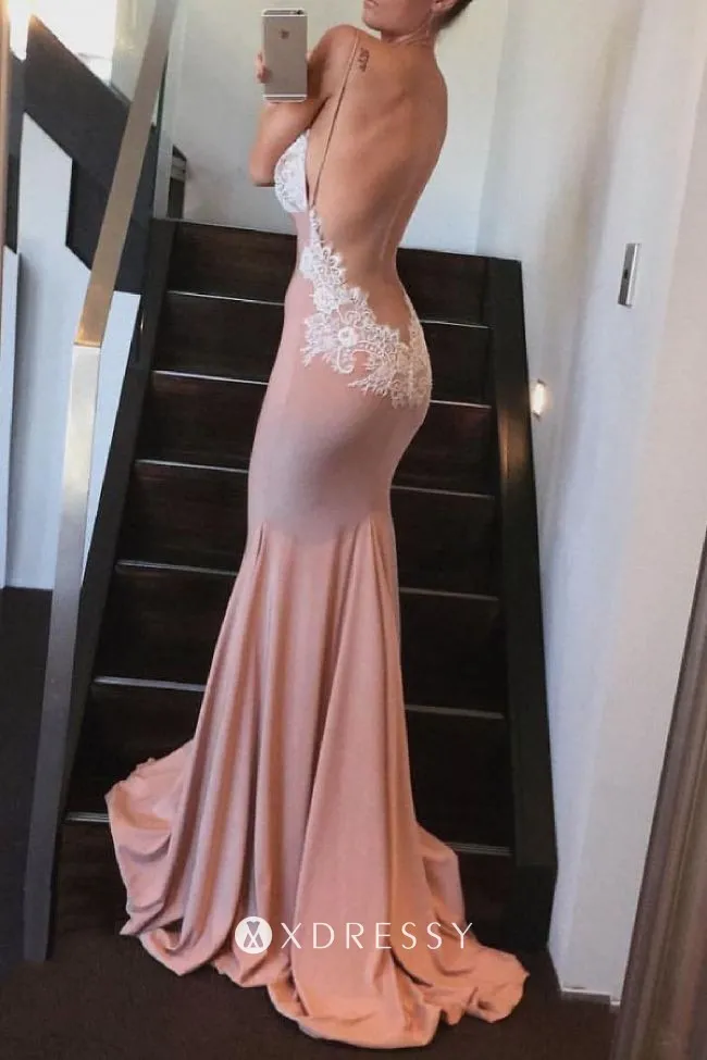 backless white lace applique nude pink prom dress