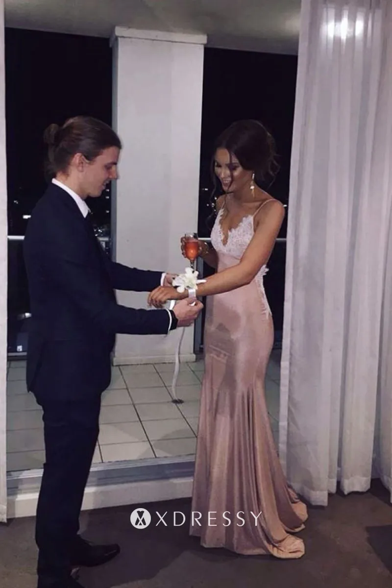 white lace applique nude pink prom dress