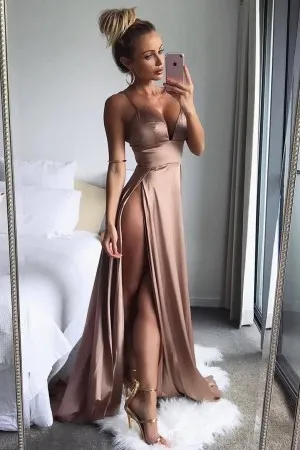 plunging V neck thigh split bronze brown prom gown