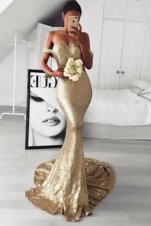 sparkly gold sequin off shoulder mermaid prom gown
