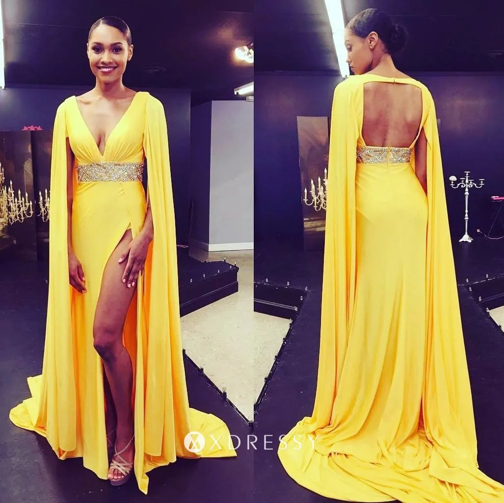 open back long train yellow beaded belt split prom dress open back long train yellow beaded belt split prom dress
