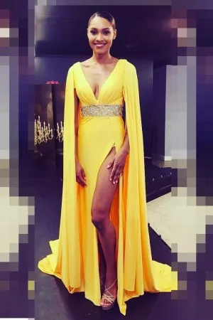 unique cape yellow beaded belt split prom dress