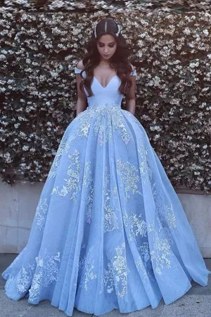 white lace appliqued sky blue off shoulder formal ball gown