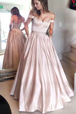 pearl pink satin off shoulder beaded belt formal dress