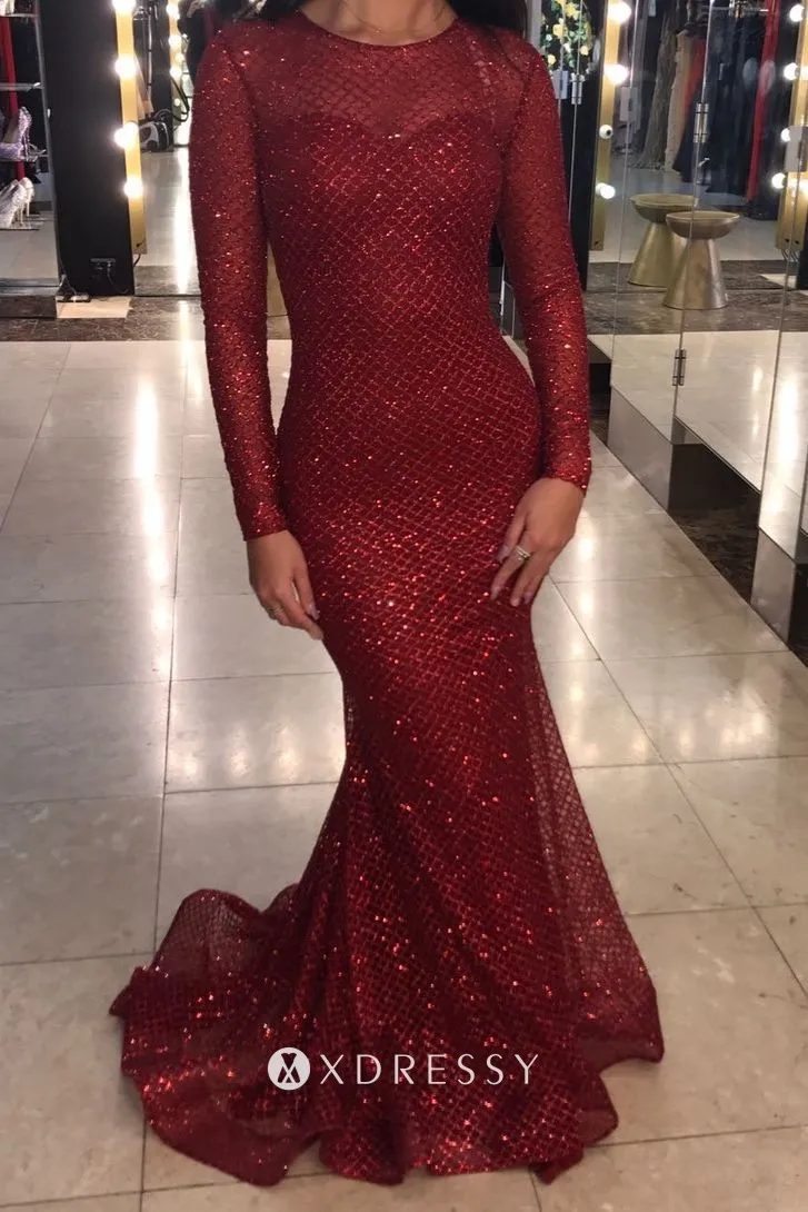 maroon illusion neck sleeved glitter overlay mermaid prom dress maroon illusion neck sleeved glitter overlay mermaid prom dress