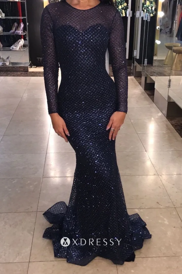navy blue illusion neck sleeved glitter overlay mermaid prom dress navy blue illusion neck sleeved glitter overlay mermaid prom dress