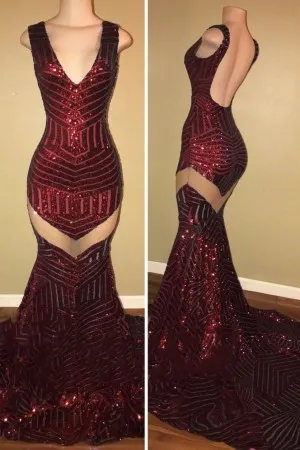 burgundy sequin sheer cut out backless prom dress