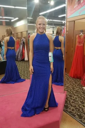 two piece side split beaded royal blue prom dress