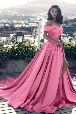 off shoulder split candy pink designer formal gown