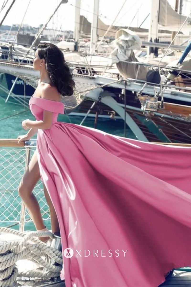 split candy pink satin designer formal gown with long train split candy pink satin designer formal gown with long train
