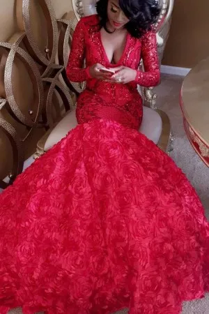 red sequin 3D rose long sleeve trumpet prom dress