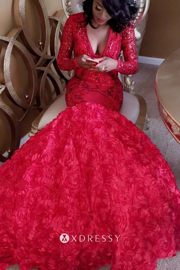 red sequin 3D rose long sleeve trumpet prom dress