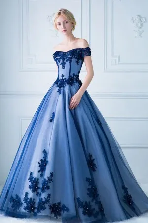 beaded lace cobalt blue tulle Quinceaera ballgown