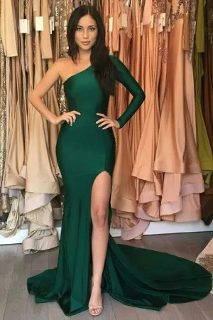 one shoulder sleeved slit emerald green prom dress
