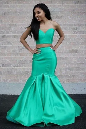 strapless two piece green satin trumpet long prom dress