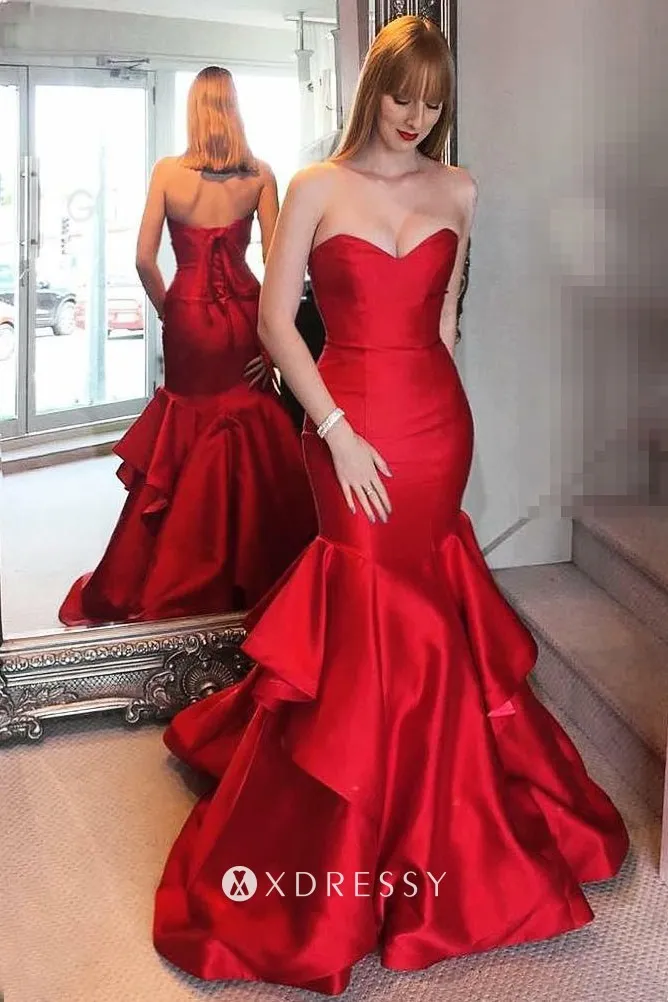 Red Satin Strapless Ruffled Mermaid 