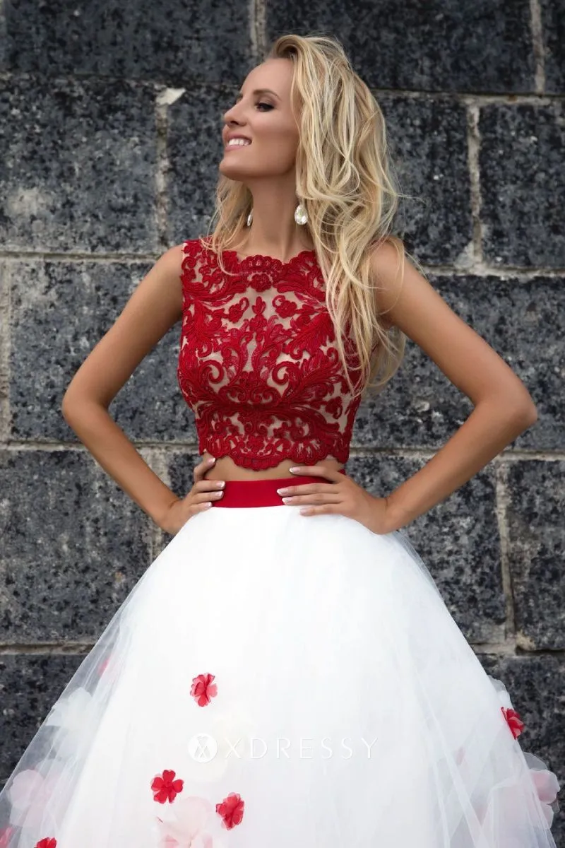 jewel neck red 3D flowers lace tulle two piece formal dress