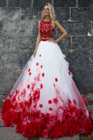 red 3D flowers lace tulle two piece formal dress