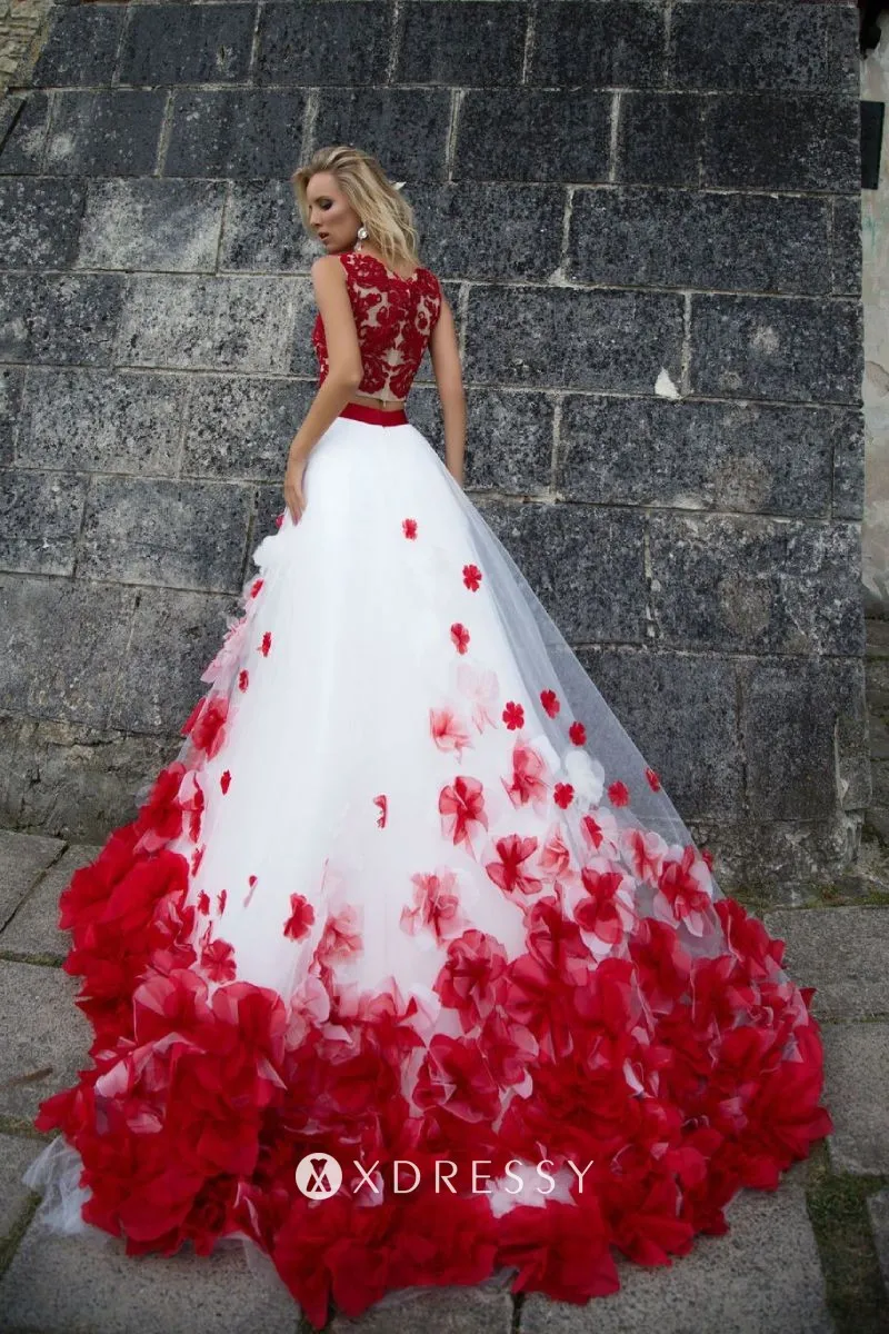 sleeveless red 3D flowers lace tulle two piece formal dress