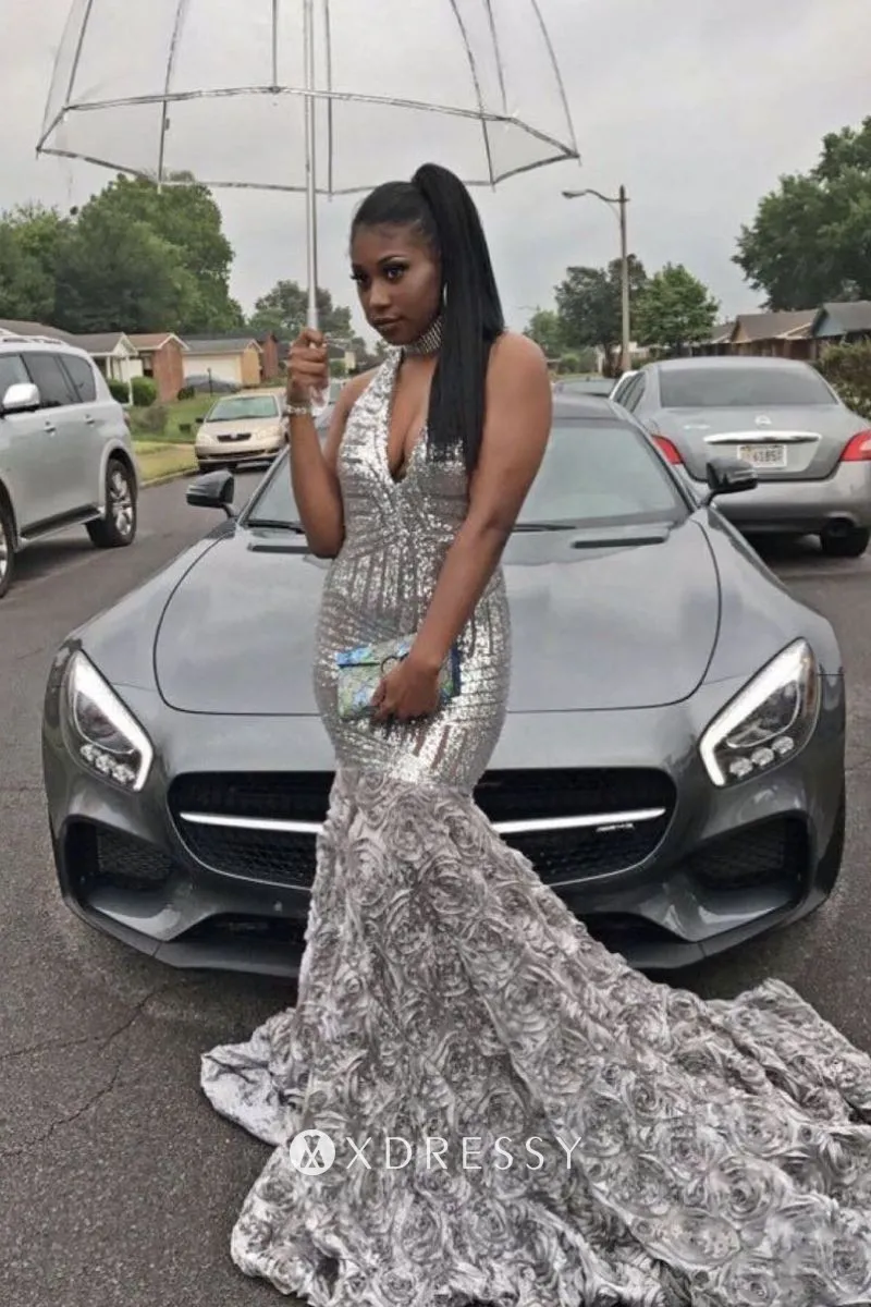 silver sequin 3D rose mermaid long train prom gown silver sequin 3D rose mermaid long train prom gown