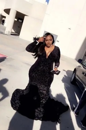 black velvet 3D rose plus size mermaid prom dress