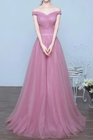 candy pink tulle off the shoulder A line prom gown