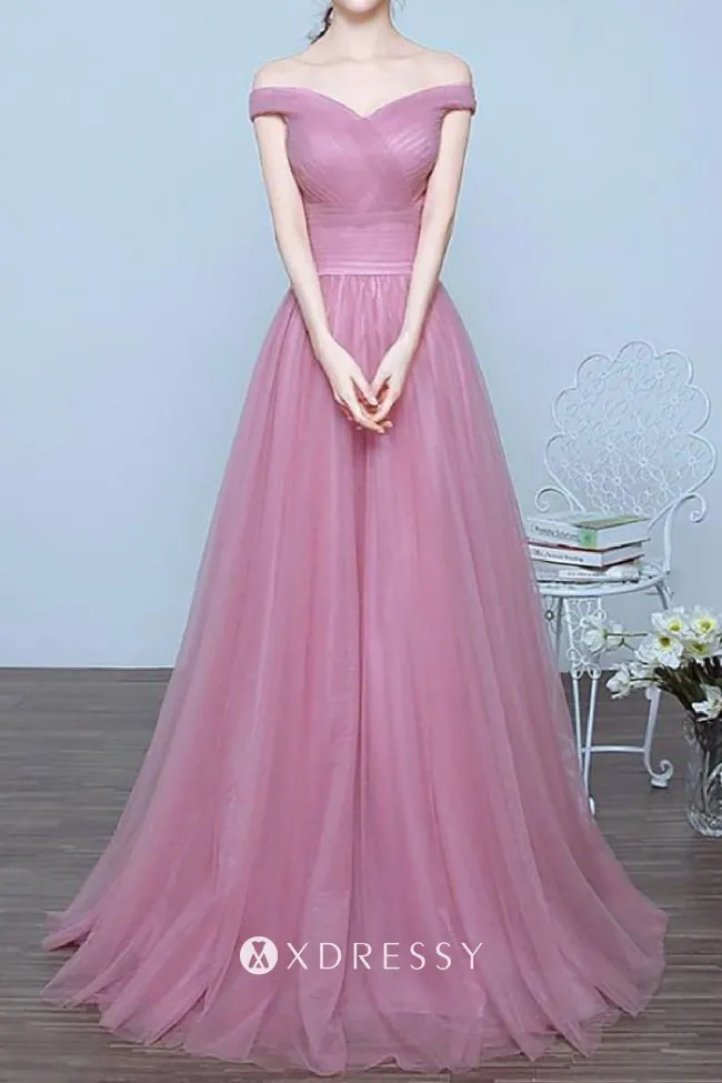 candy pink tulle off the shoulder A line prom gown