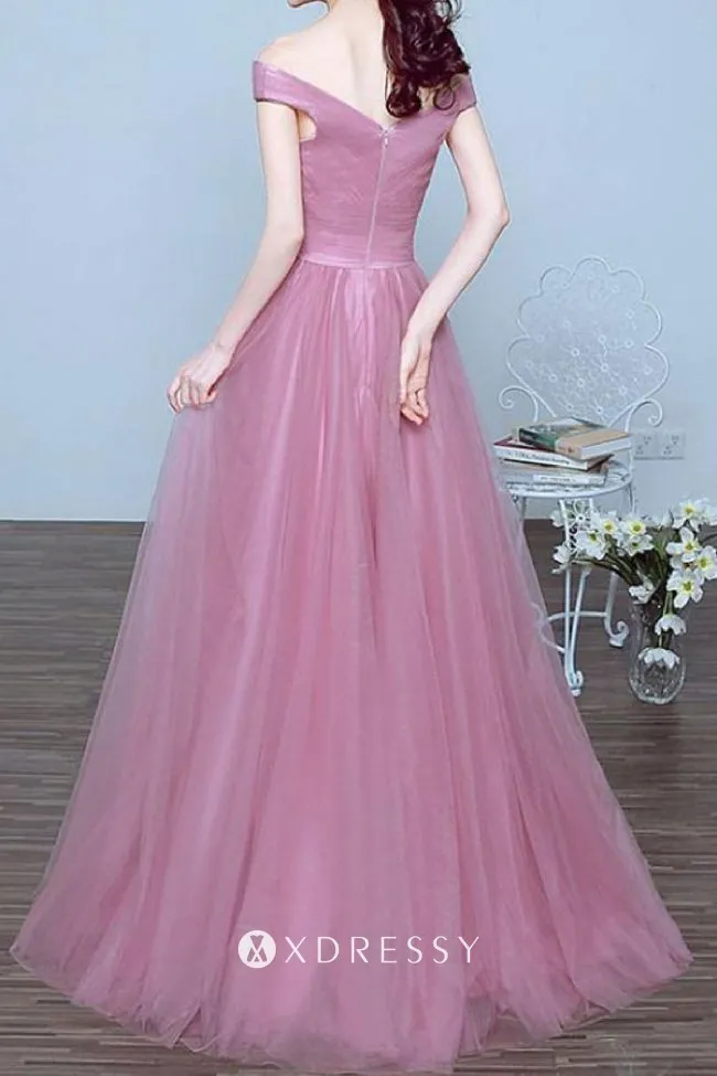 zipper back pink tulle off the shoulder A line prom gown