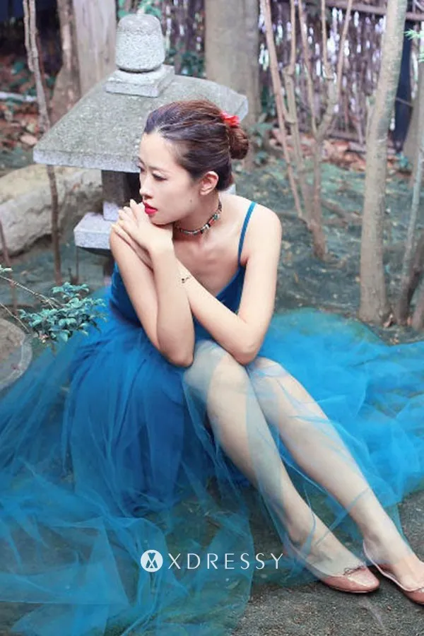 V neck pool blue jersey tulle A line prom dress
